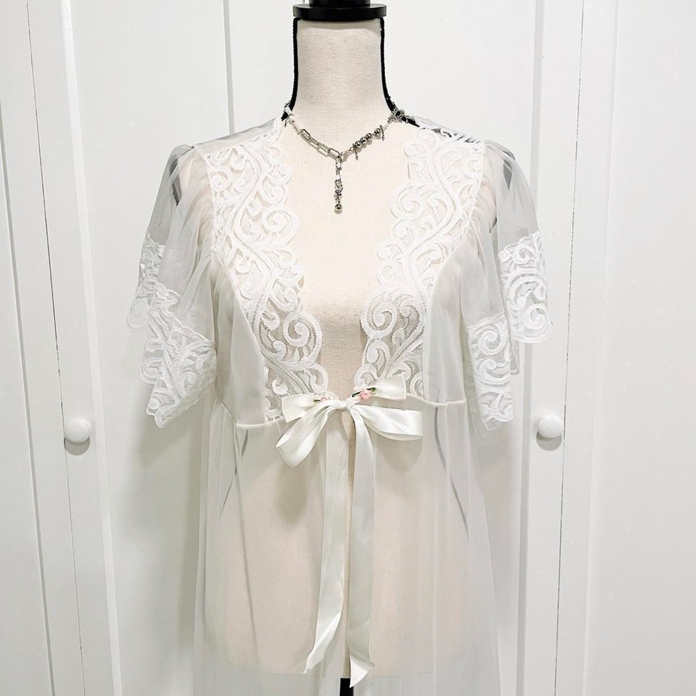 vintage sheer off white chiffon lace long maxi duster cardigan peignoir robe